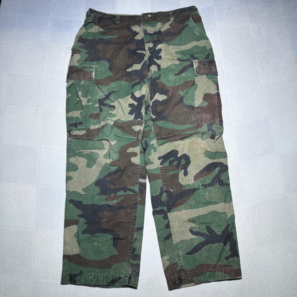 US Military BDU Combat Trousers Medium Short Woodland Camo Ripstop Vintage 90s